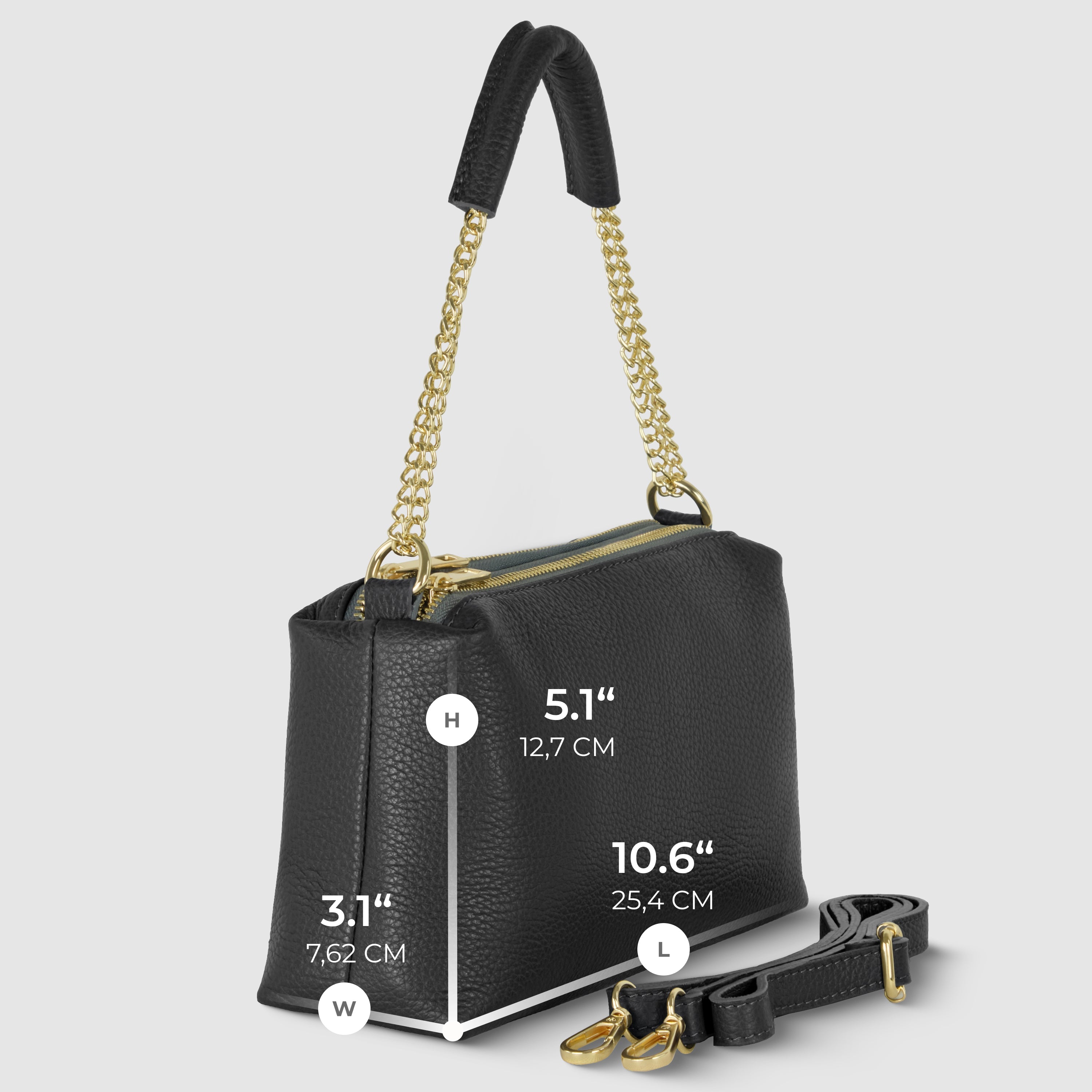Genuine Calf Leather Crossbody Bag – Italian Made, Chain Handle & Dual Zip