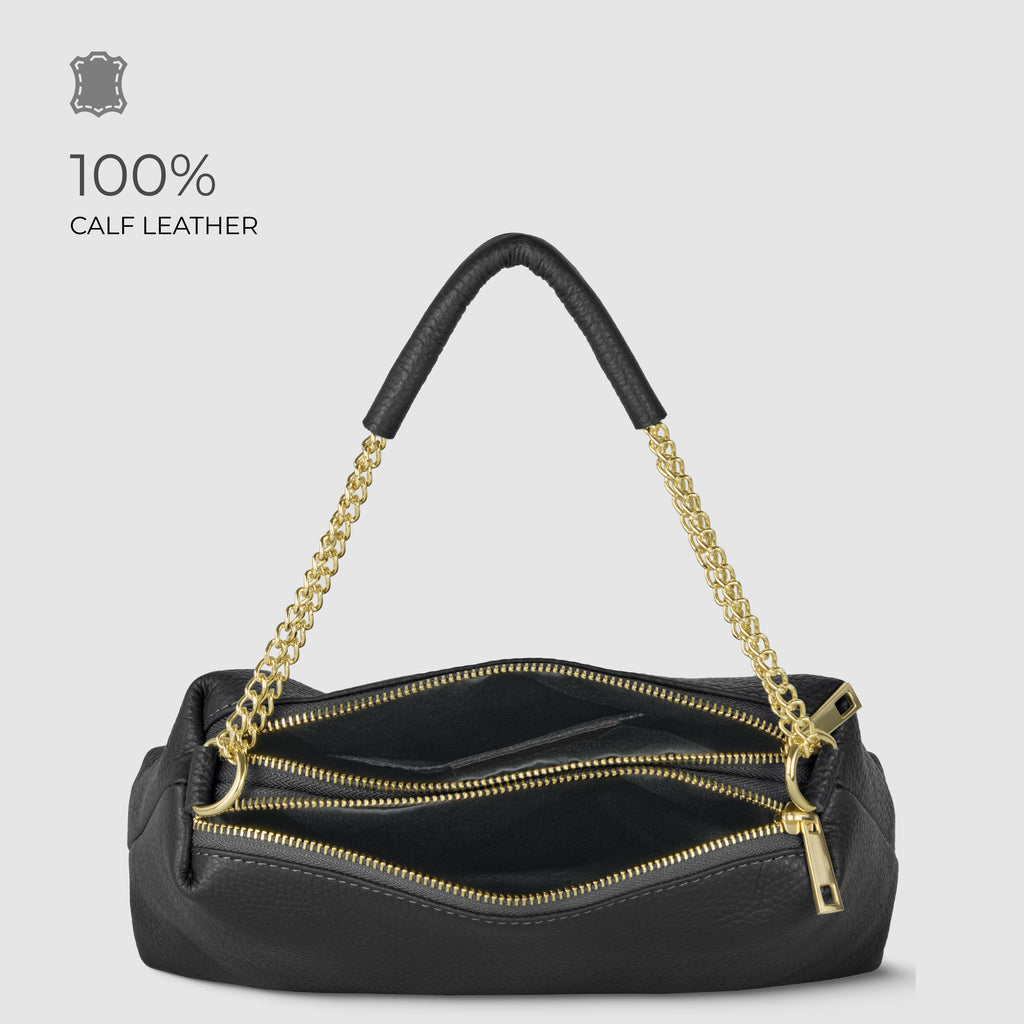Genuine Calf Leather Crossbody Bag – Italian Made, Chain Handle & Dual Zip