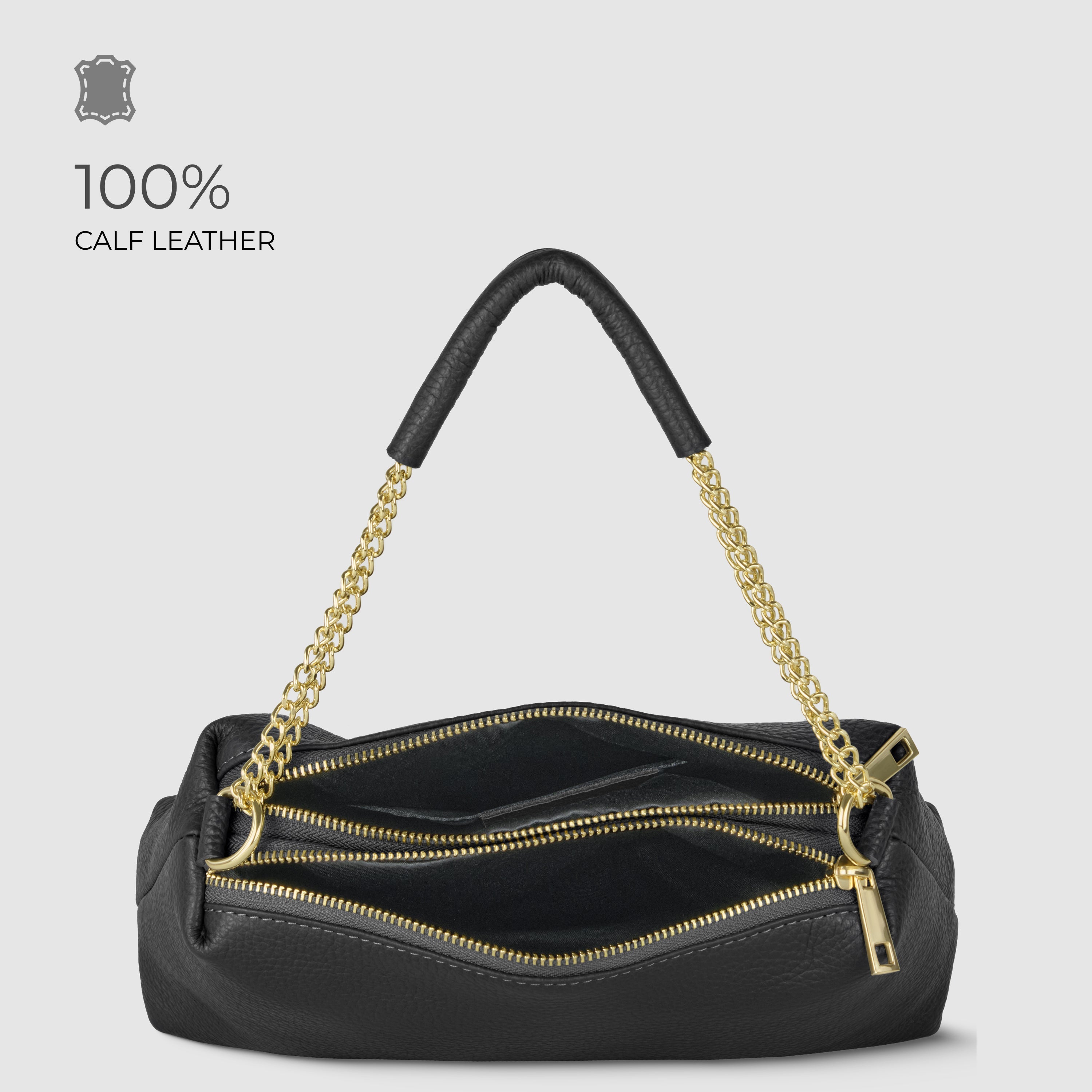 Genuine Calf Leather Crossbody Bag – Italian Made, Chain Handle & Dual Zip