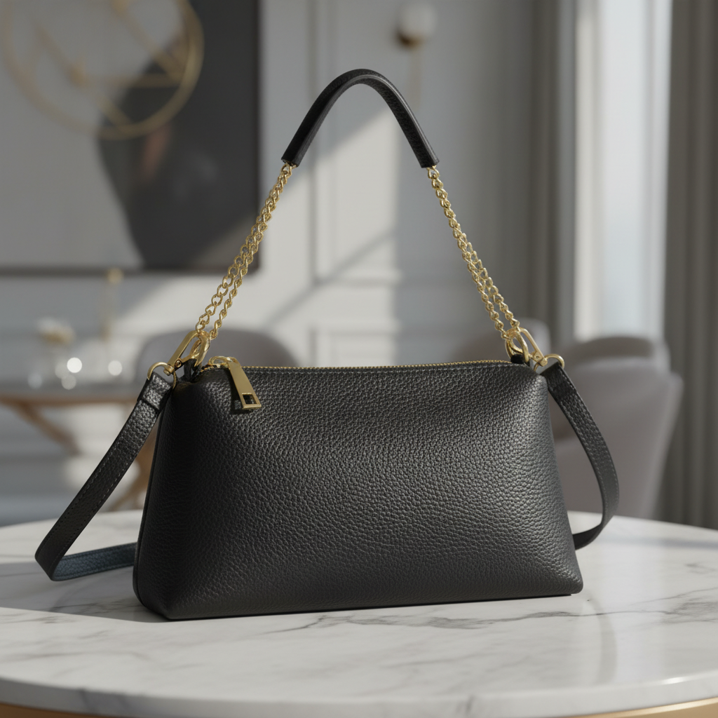 Genuine Calf Leather Crossbody Bag – Italian Made, Chain Handle & Dual Zip