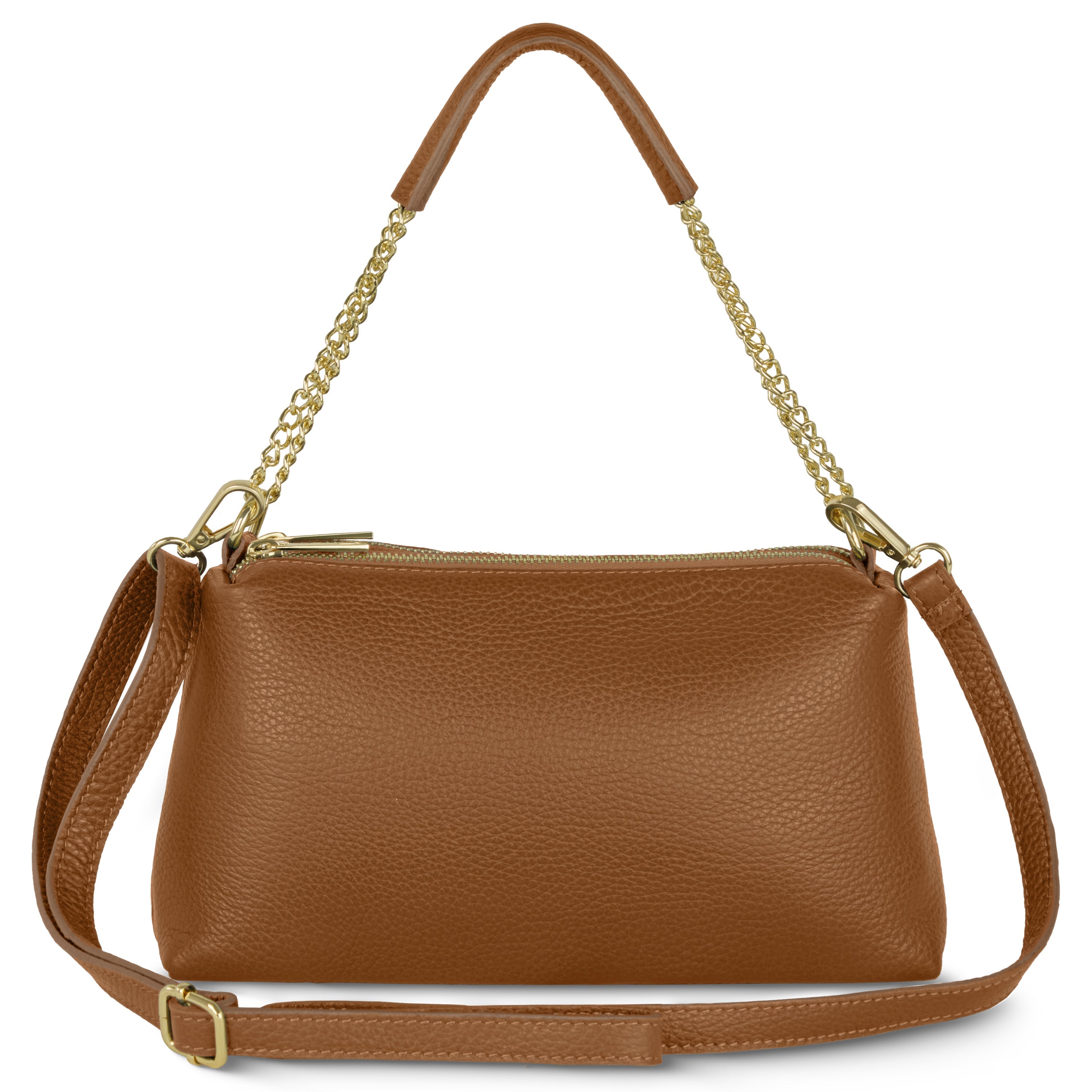 Genuine Calf Leather Crossbody Bag – Italian Made, Chain Handle & Dual Zip