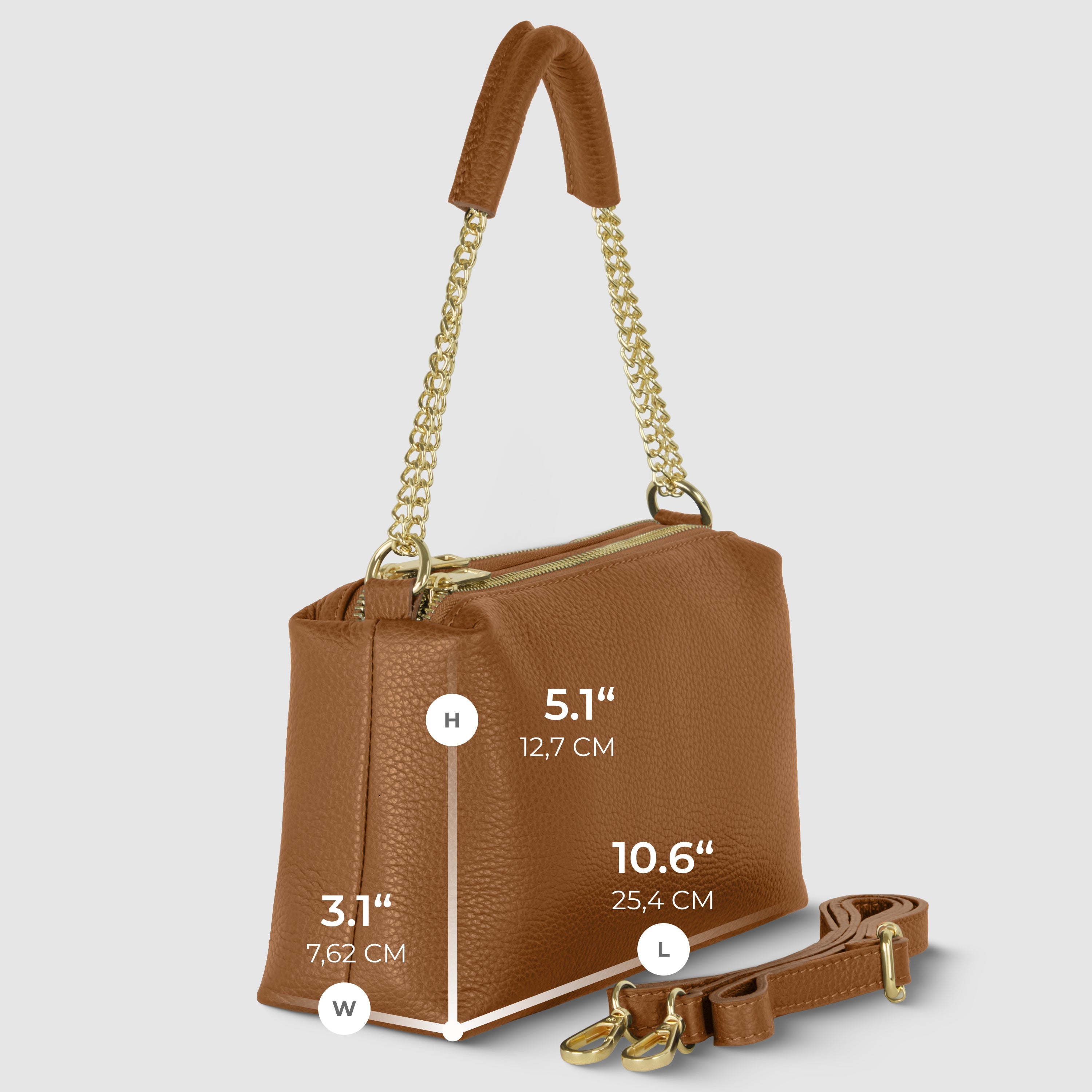 Genuine Calf Leather Crossbody Bag – Italian Made, Chain Handle & Dual Zip