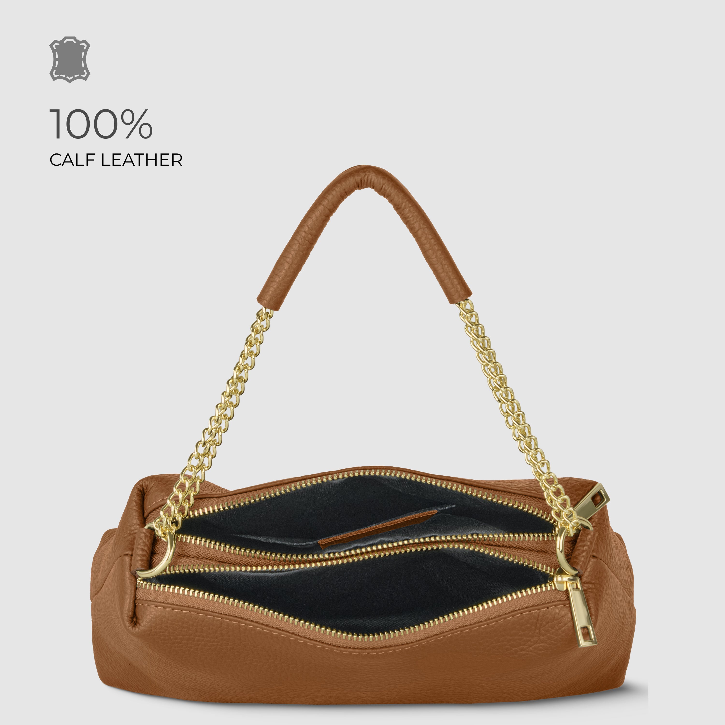 Genuine Calf Leather Crossbody Bag – Italian Made, Chain Handle & Dual Zip