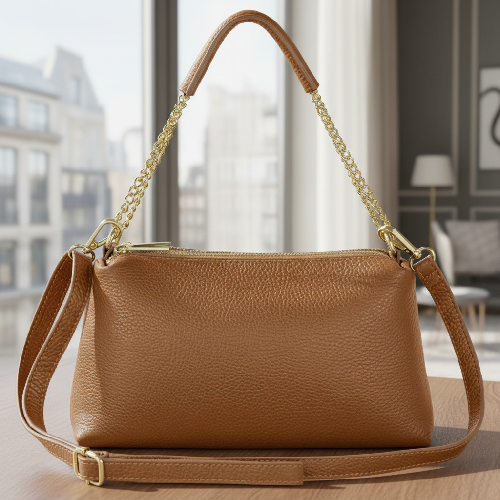 Genuine Calf Leather Crossbody Bag – Italian Made, Chain Handle & Dual Zip