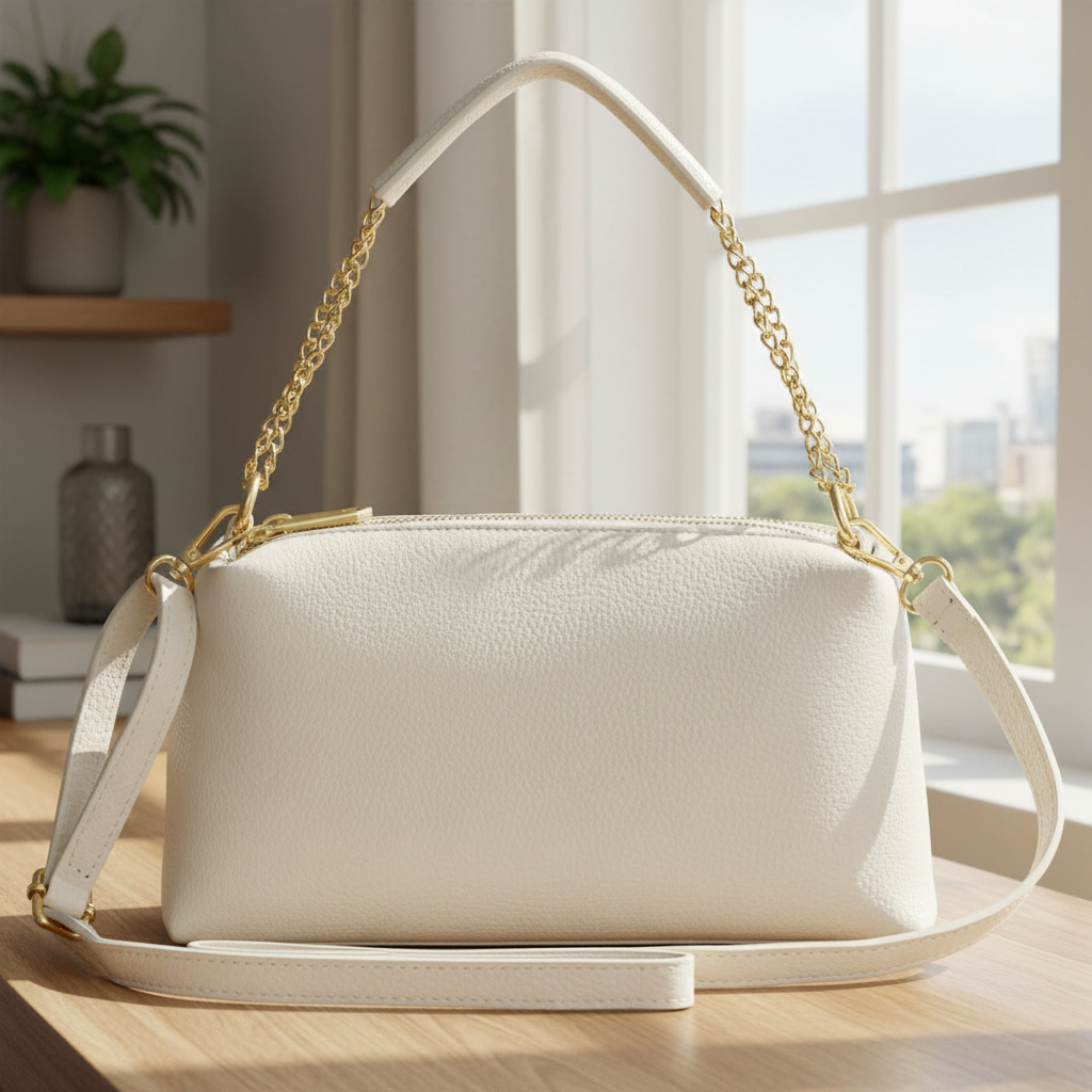 Genuine Calf Leather Crossbody Bag – Italian Made, Chain Handle & Dual Zip