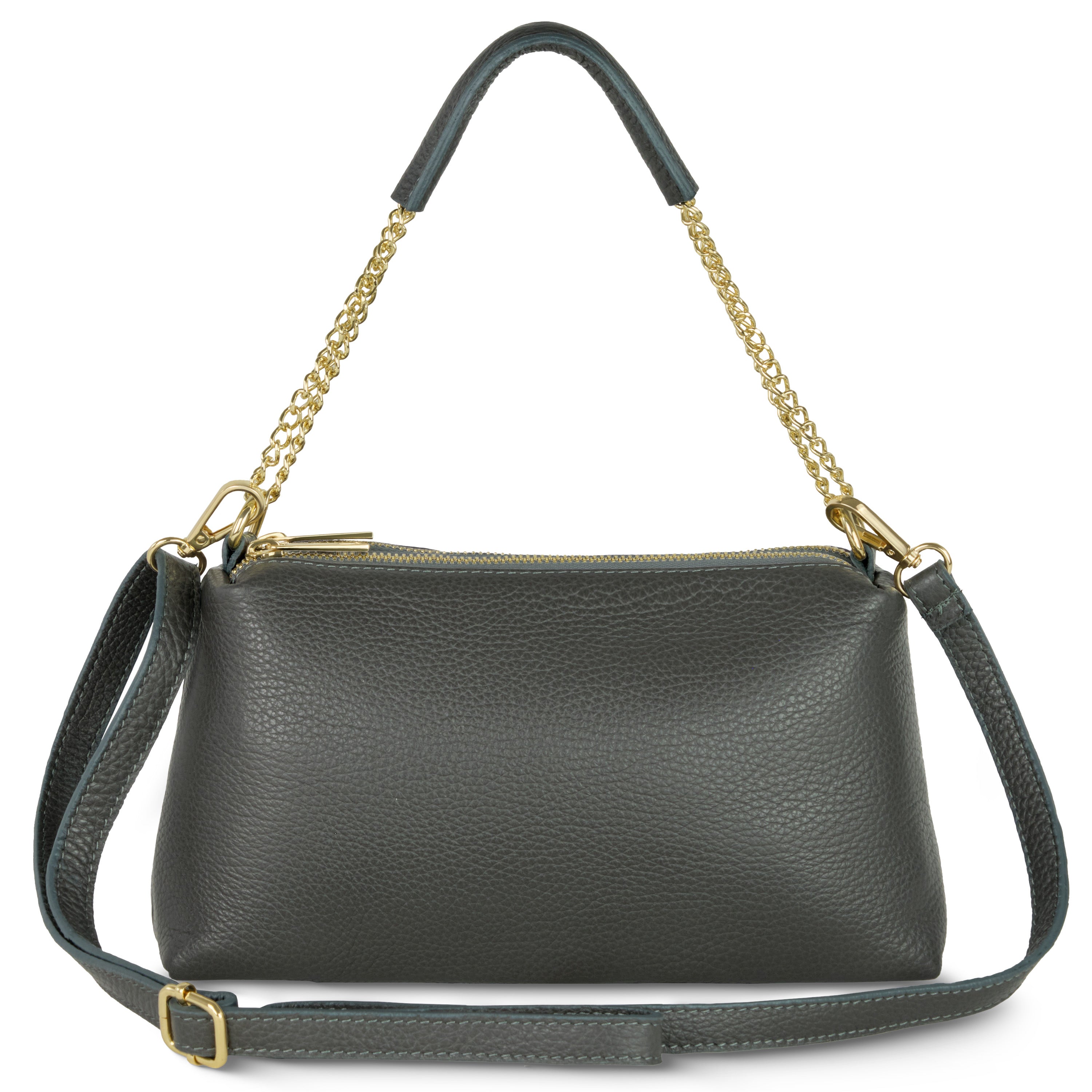 Genuine Calf Leather Crossbody Bag – Italian Made, Chain Handle & Dual Zip