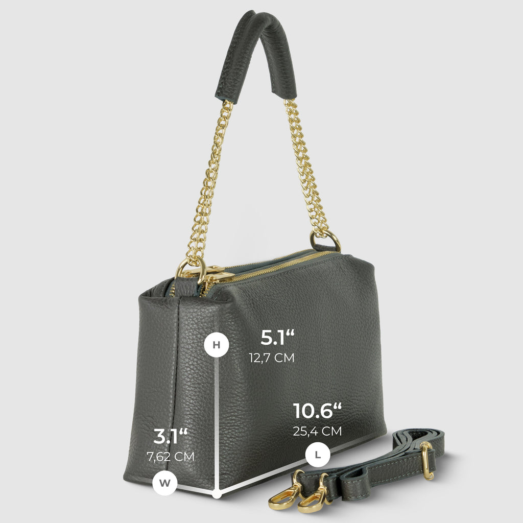 Genuine Calf Leather Crossbody Bag – Italian Made, Chain Handle & Dual Zip