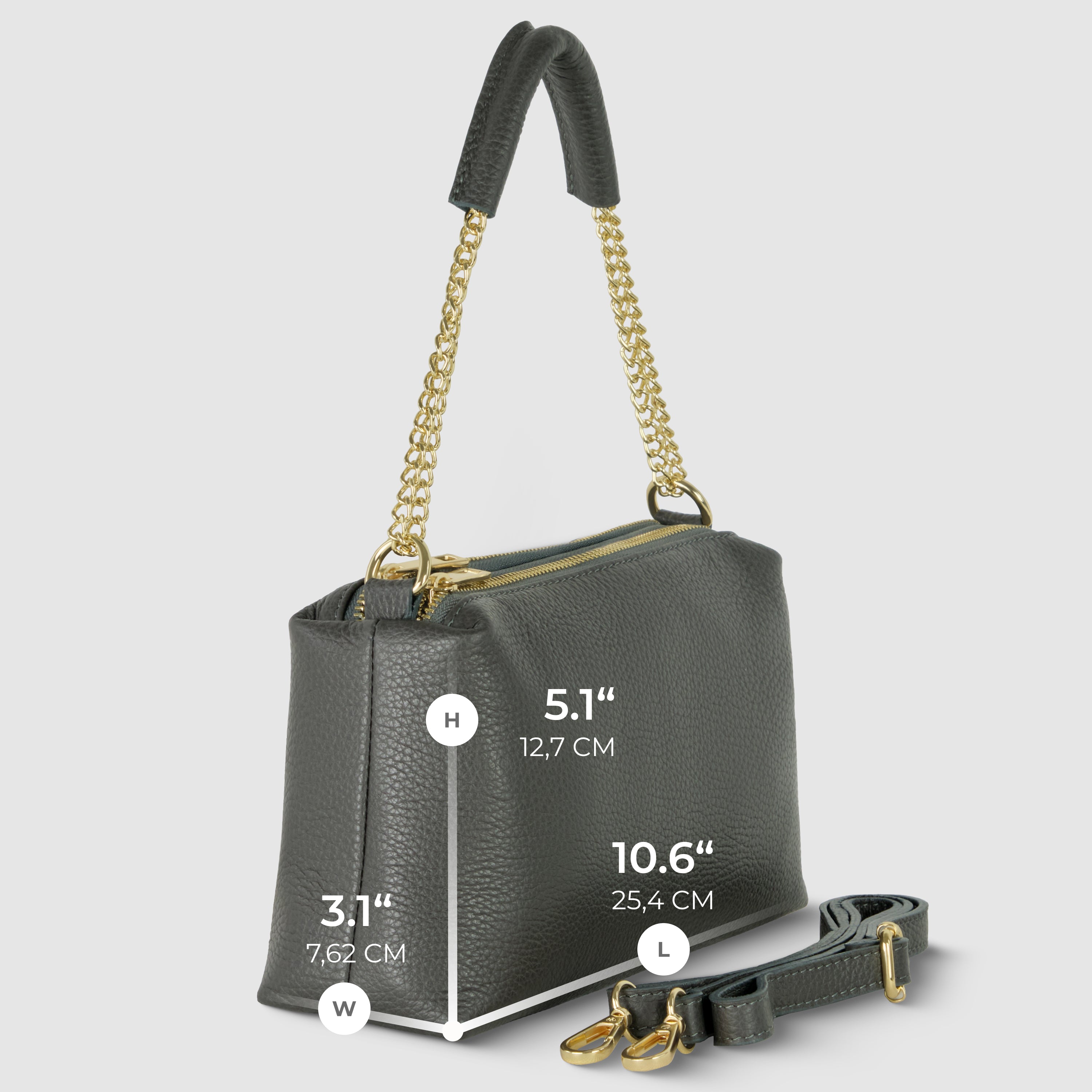 Genuine Calf Leather Crossbody Bag – Italian Made, Chain Handle & Dual Zip