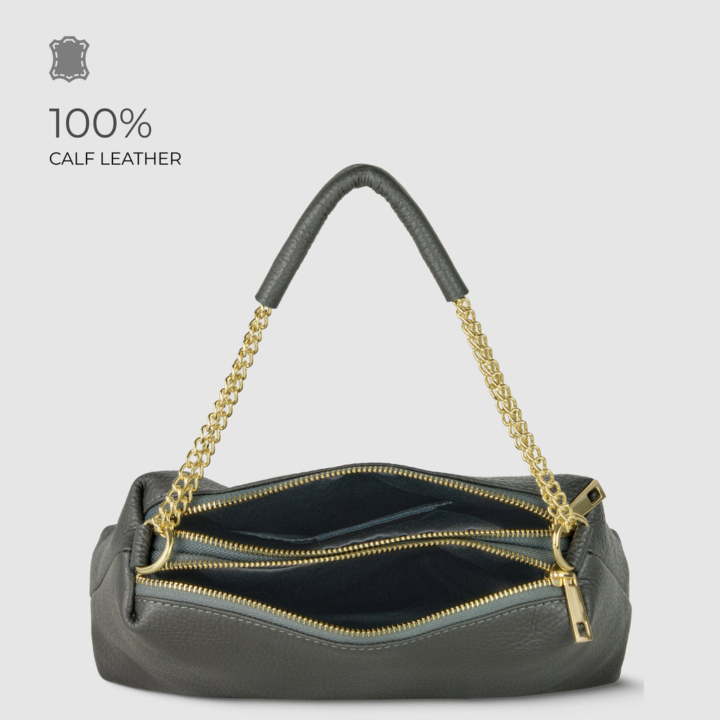 Genuine Calf Leather Crossbody Bag – Italian Made, Chain Handle & Dual Zip