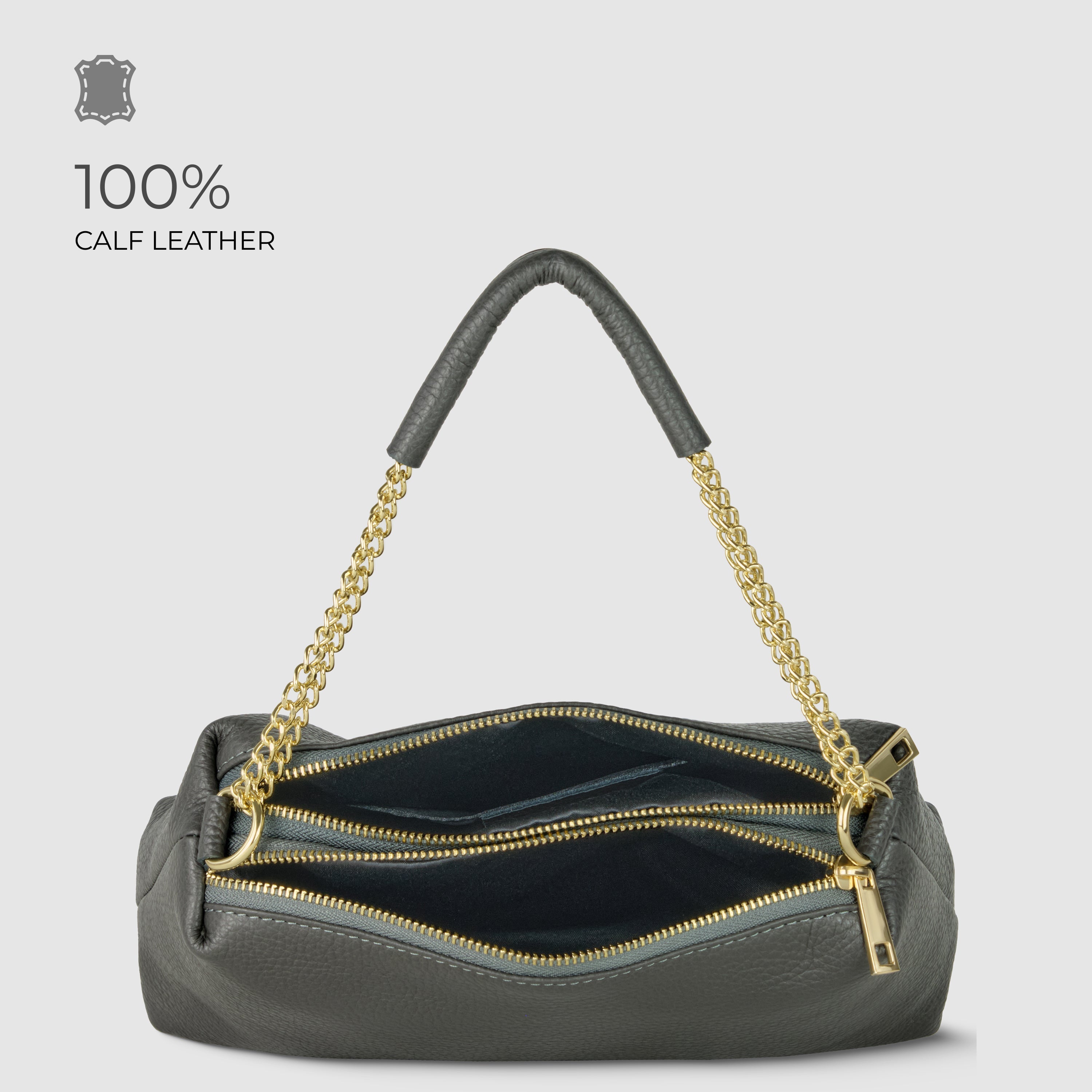 Genuine Calf Leather Crossbody Bag – Italian Made, Chain Handle & Dual Zip