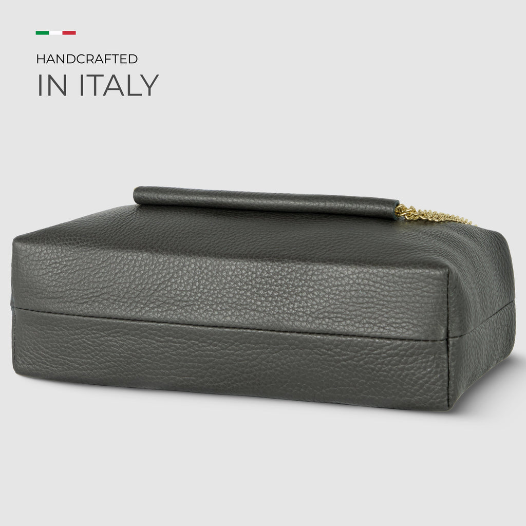 Genuine Calf Leather Crossbody Bag – Italian Made, Chain Handle & Dual Zip