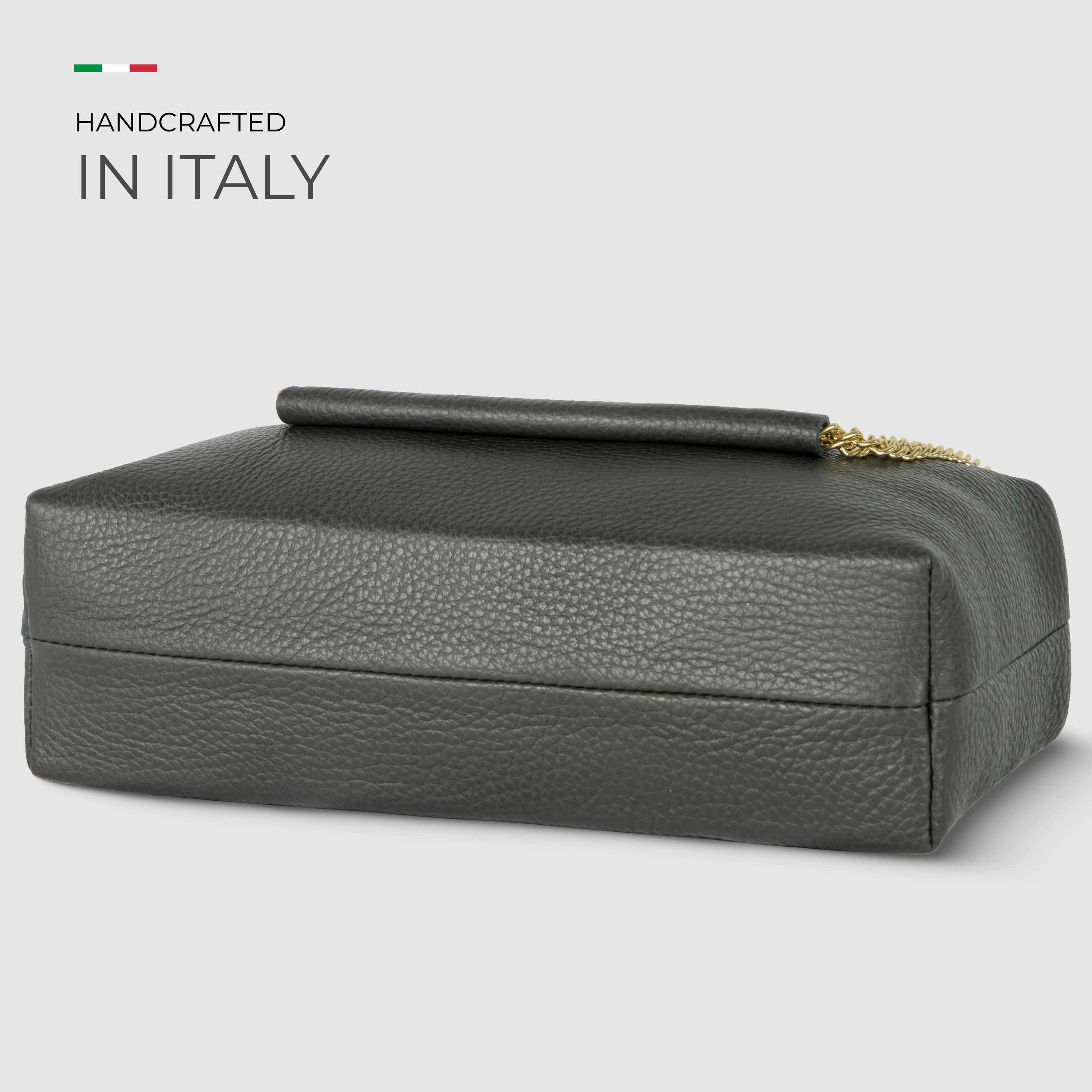 Genuine Calf Leather Crossbody Bag – Italian Made, Chain Handle & Dual Zip