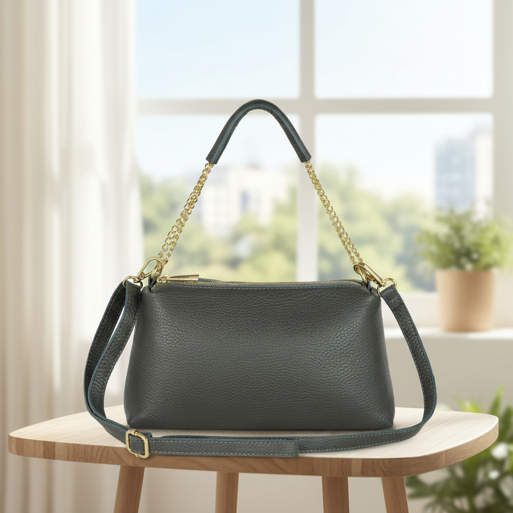 Genuine Calf Leather Crossbody Bag – Italian Made, Chain Handle & Dual Zip