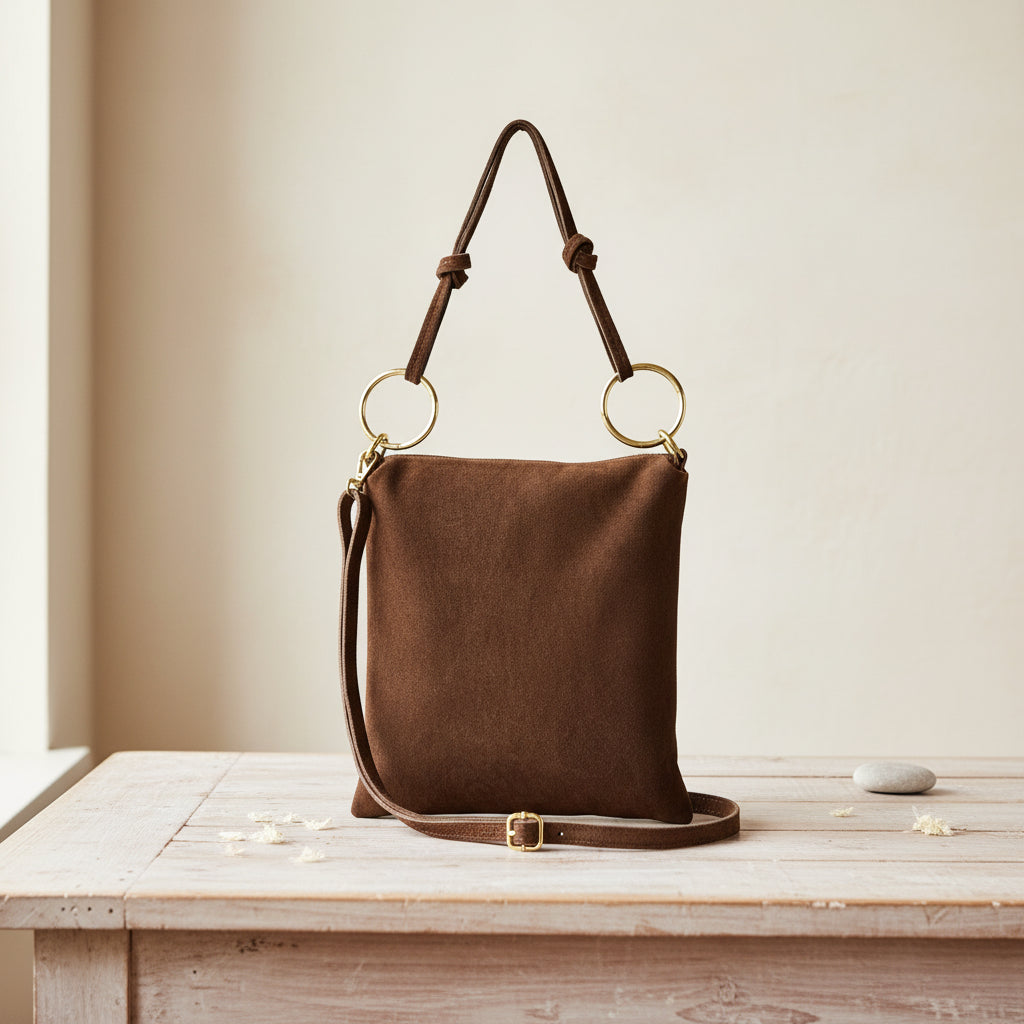 Italian Genuine Suede Leather Shoulder Bag with Adjustable Strap