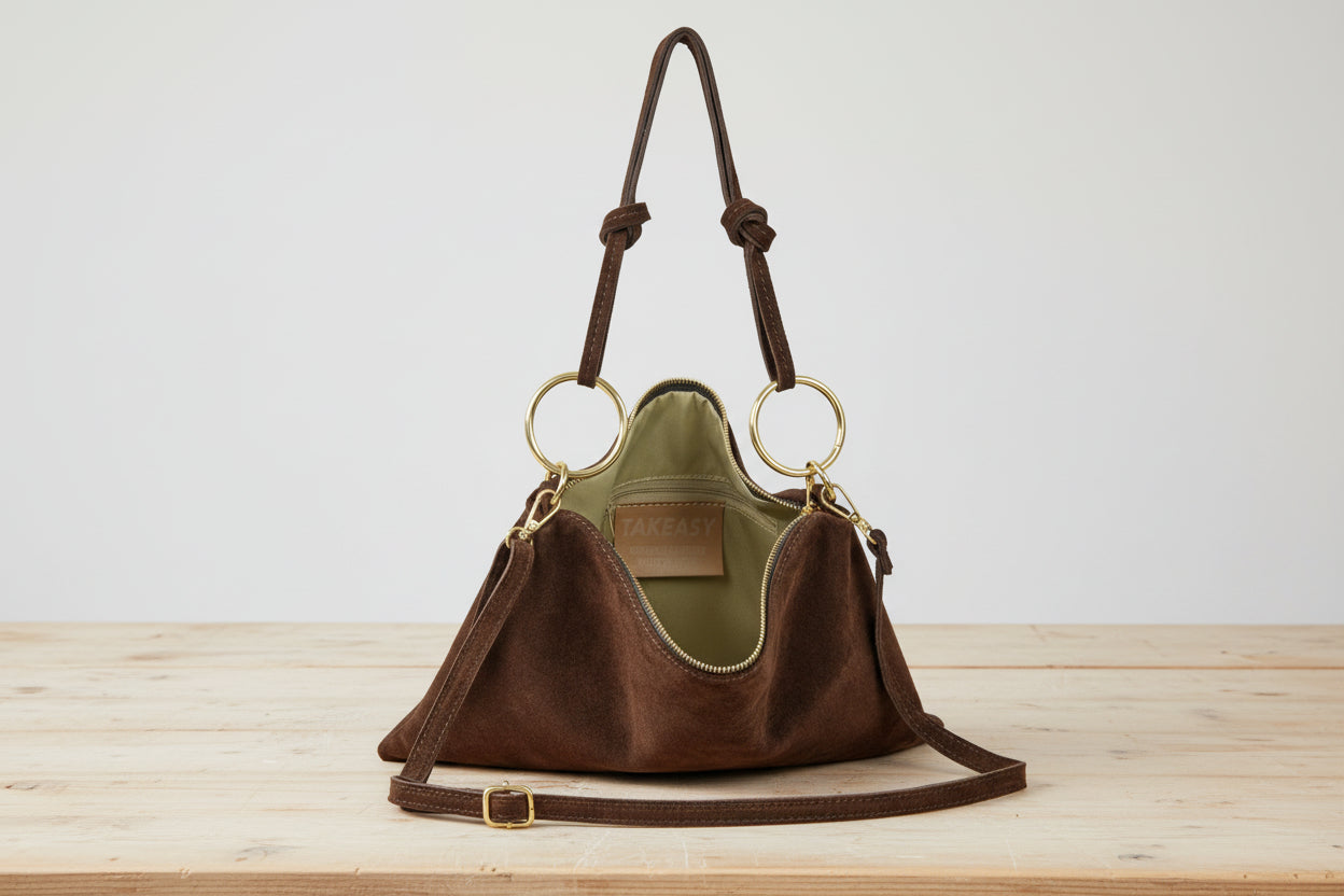 Italian Genuine Suede Leather Shoulder Bag with Adjustable Strap
