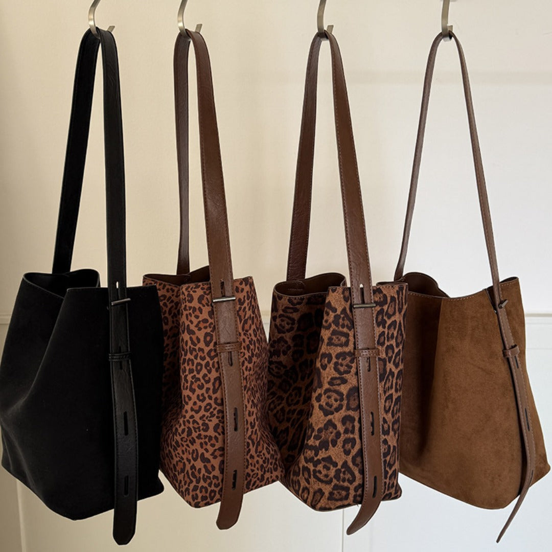 suede leopard print shoulder bag for women