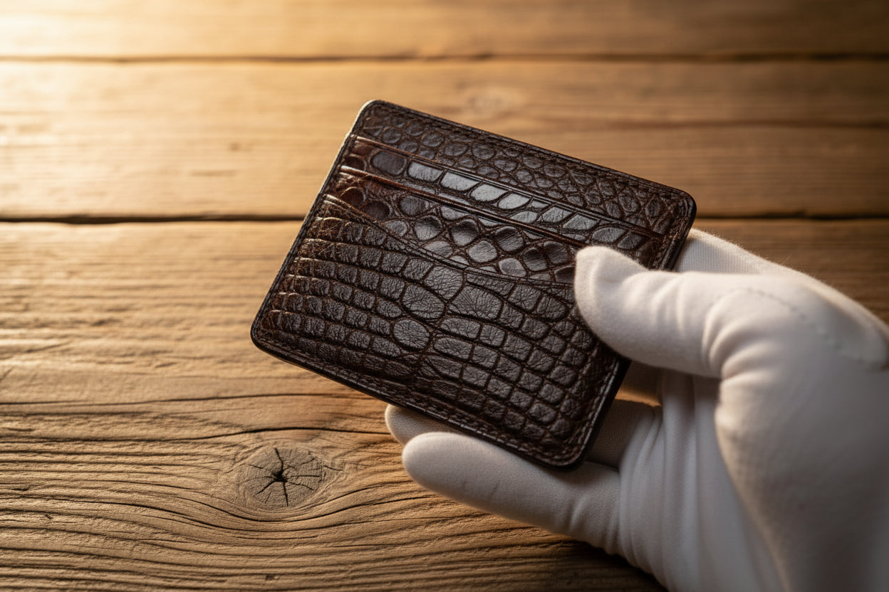 Brown leather cardholder with embossed texture held by a gloved hand on a wooden surface, with 'O.R.I.S. Handmade' branding.