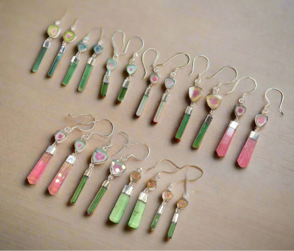 Set of colorful earrings with raw tourmaline crystals