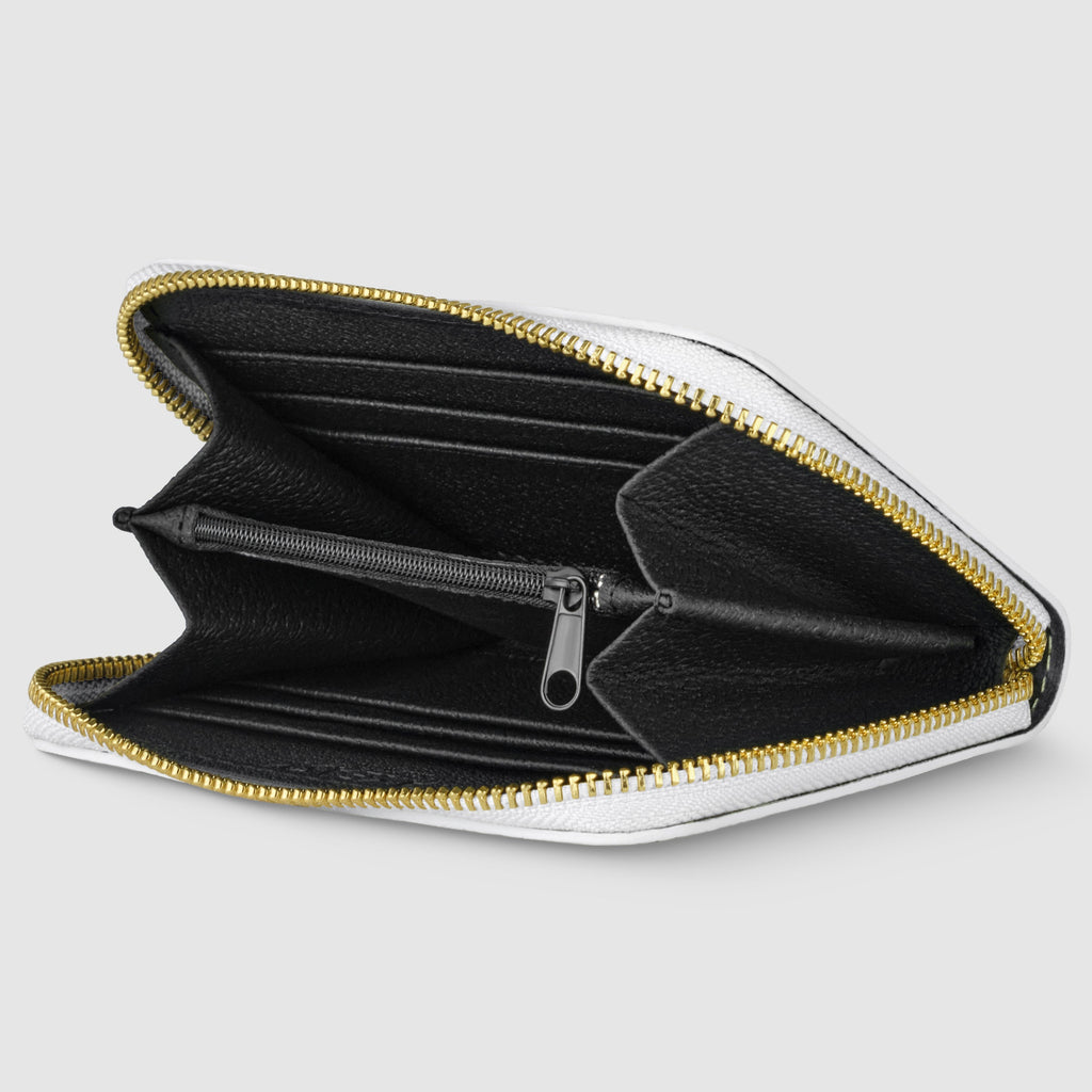 Black wallet with gold zipper on a light gray background