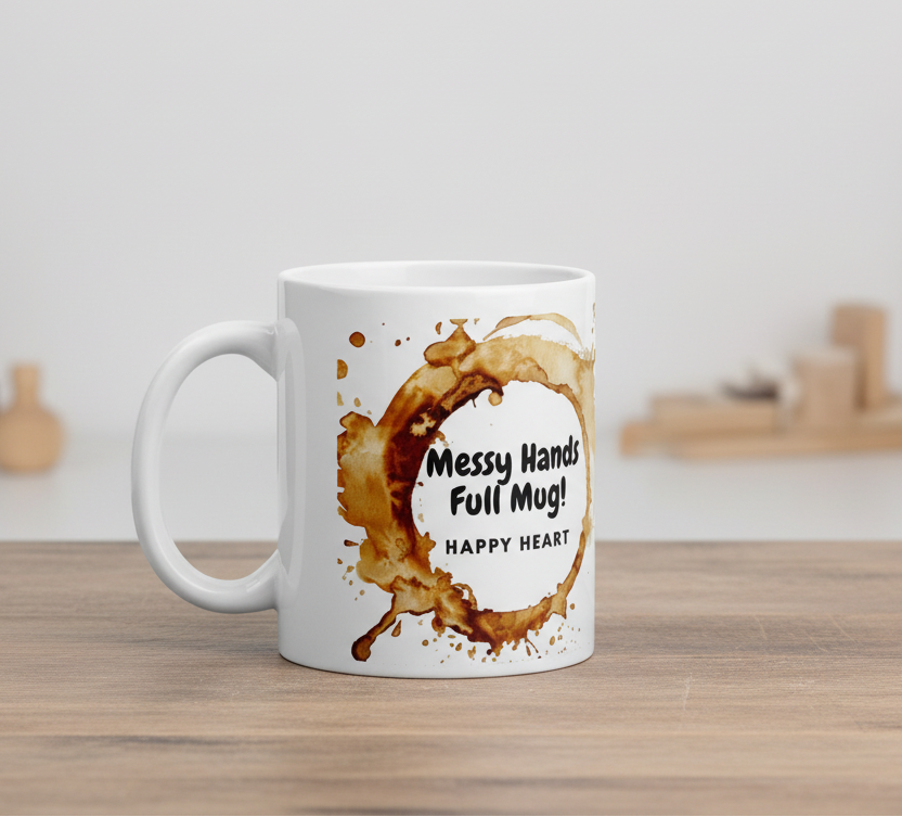 White Glossy Ceramic Mug - Messy Hands Full Mug