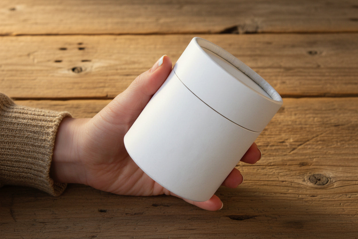 Hand holding a white cylindrical container against a brown background